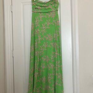 Lily Pulitzer Green and Pink Coral Patterned Women's Strapless Dress Sm cotton